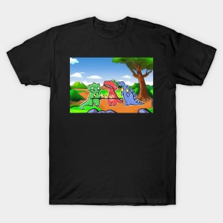 Dinosaur Handbell Practice With Triassic Landscape Background T-Shirt